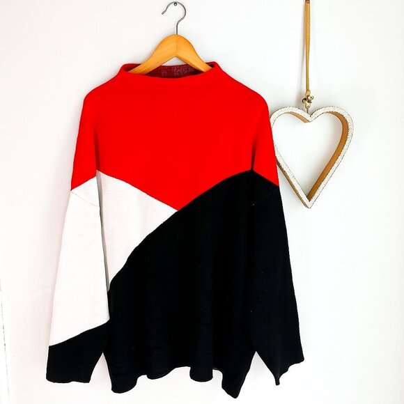 Tahari Womens Mock Neck Sweater Top Plus Size 2X Color Block Red White Black - Picture 1 of 11